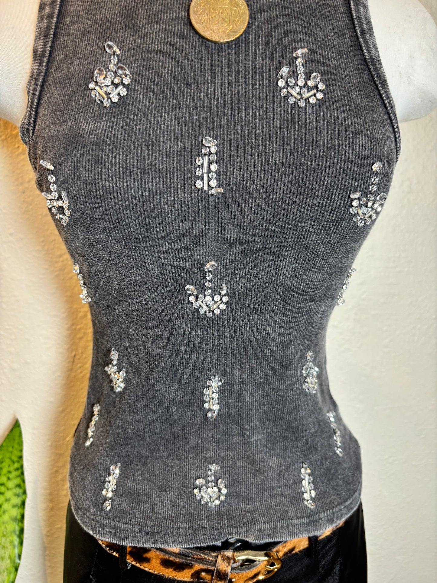 Rhinestone Acid Wash Sleeveless Tank