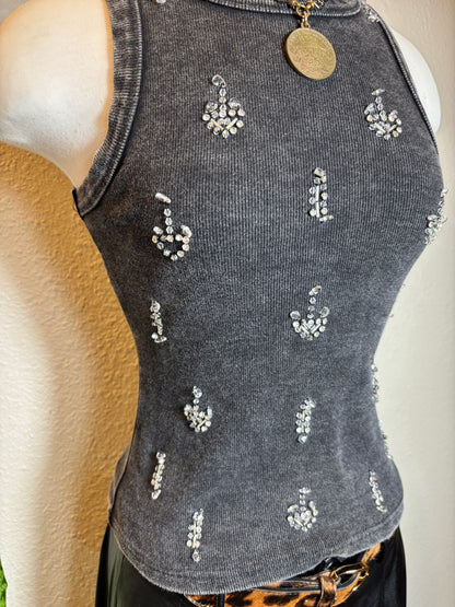 Rhinestone Acid Wash Sleeveless Tank