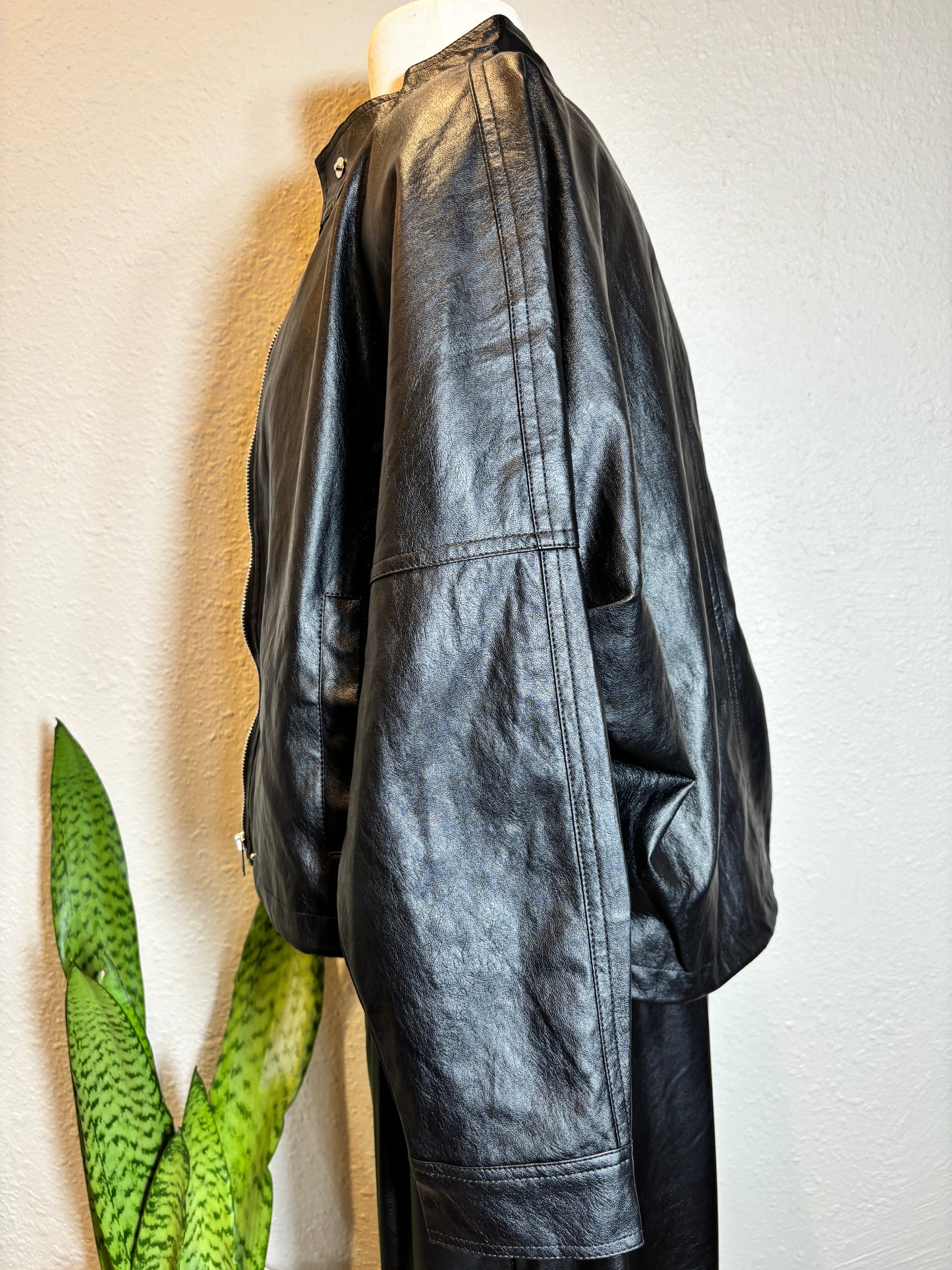 Vegan Leather Stand Collar Oversized Zip-Up Jacket