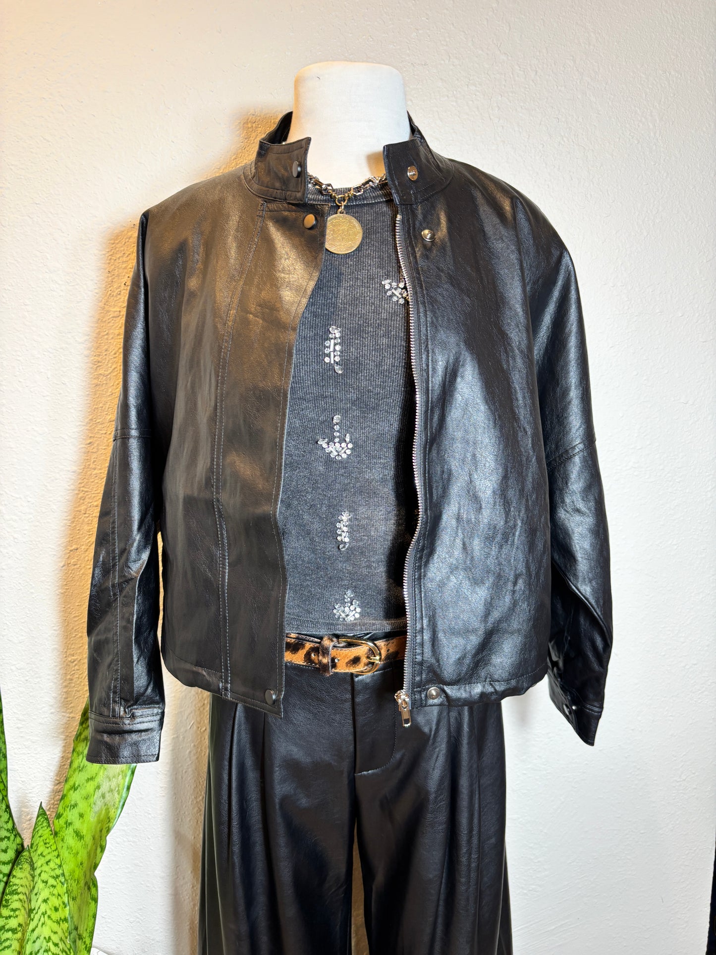 Vegan Leather Stand Collar Oversized Zip-Up Jacket