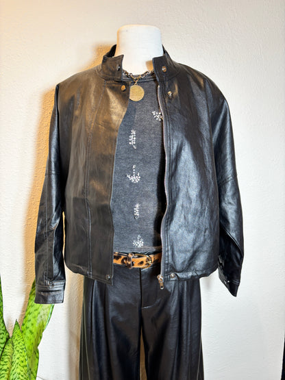 Vegan Leather Stand Collar Oversized Zip-Up Jacket