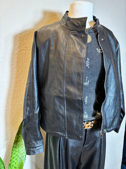 Vegan Leather Stand Collar Oversized Zip-Up Jacket