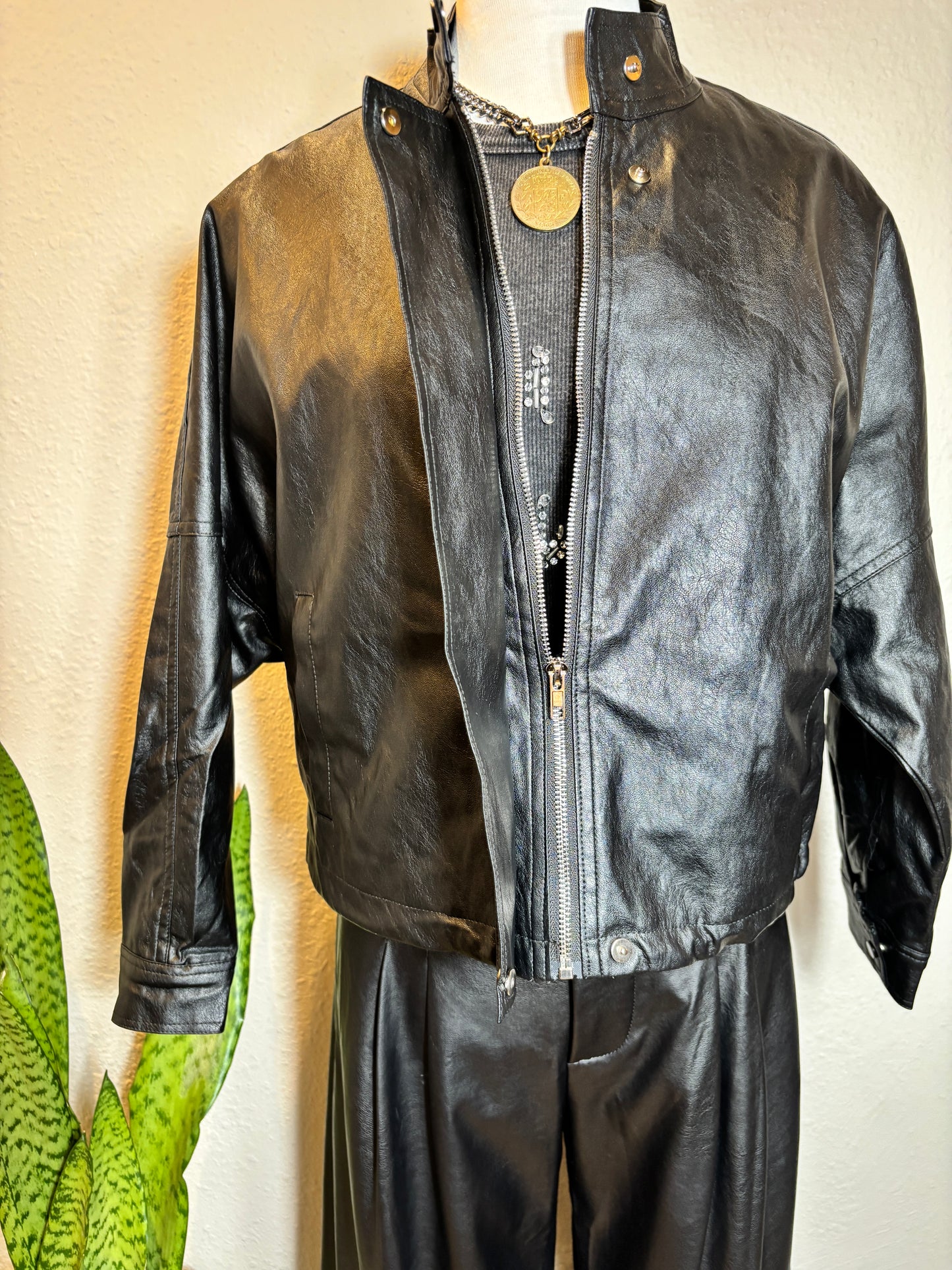 Vegan Leather Stand Collar Oversized Zip-Up Jacket
