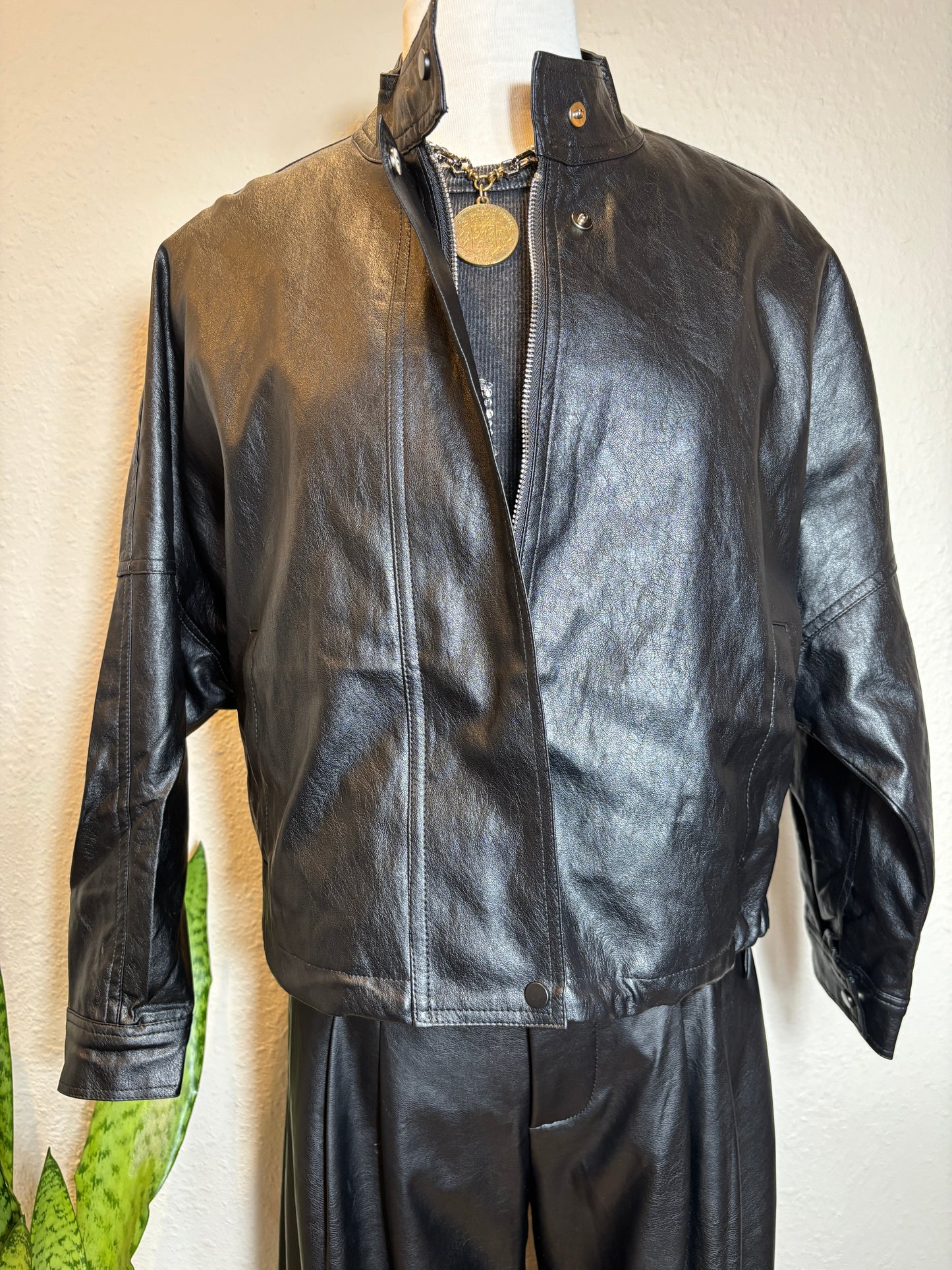Vegan Leather Stand Collar Oversized Zip-Up Jacket