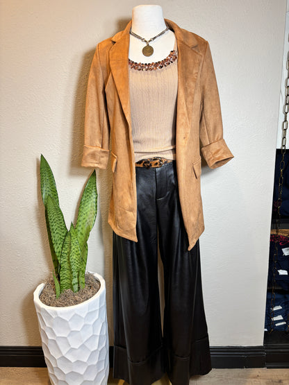 Faux Suede Long Blazer with Pocket Flip