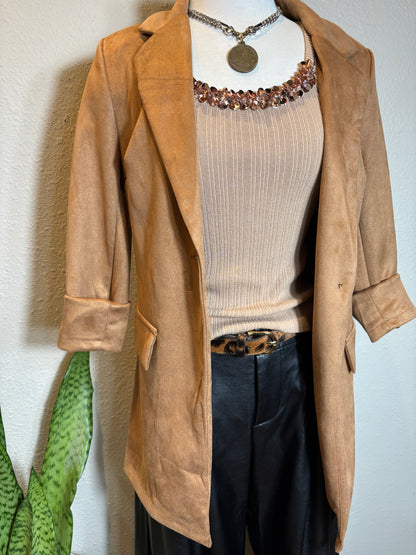 Faux Suede Long Blazer with Pocket Flip