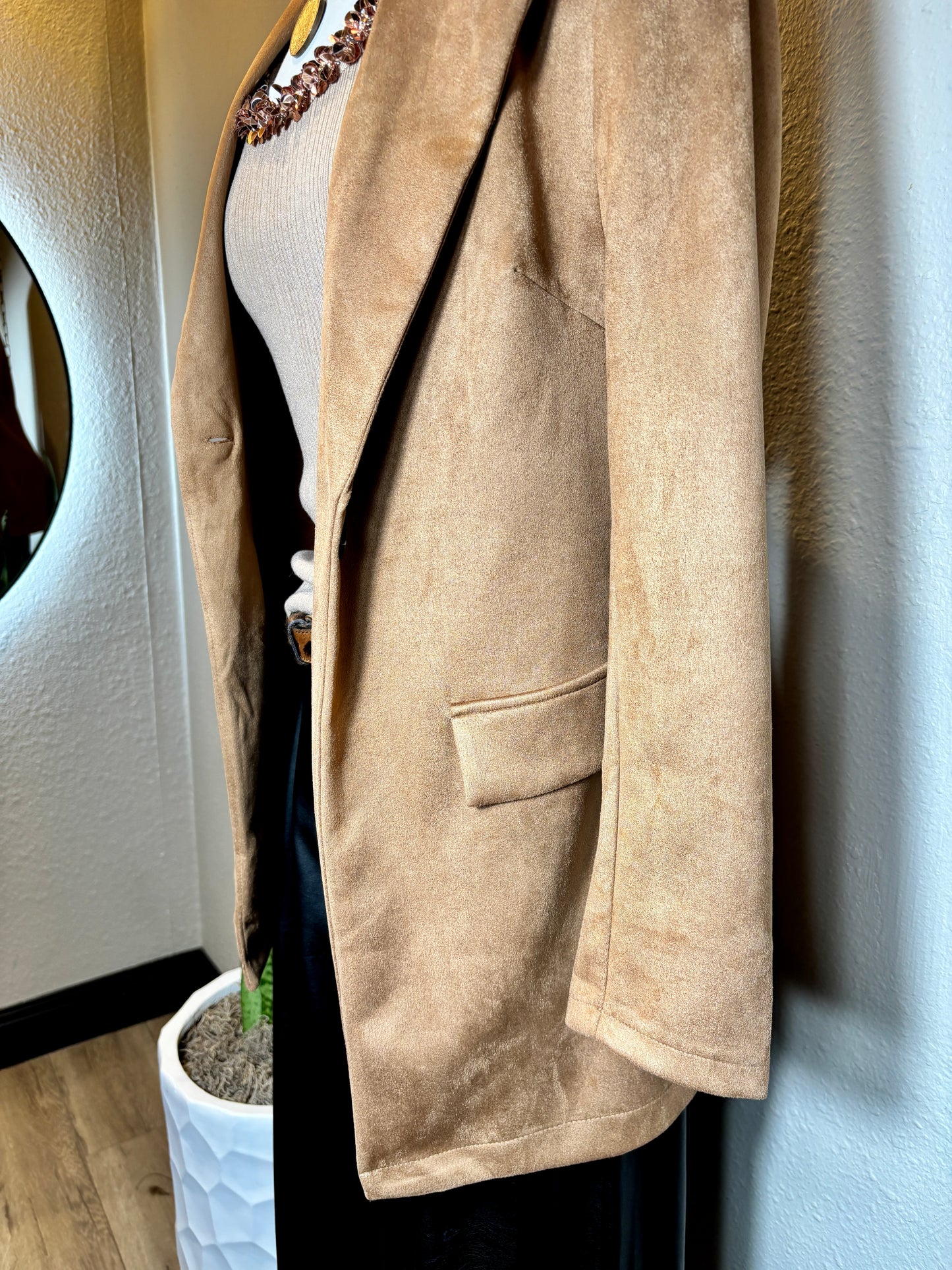 Faux Suede Long Blazer with Pocket Flip