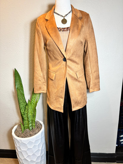 Faux Suede Long Blazer with Pocket Flip