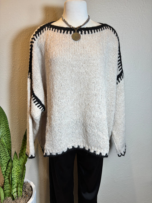 Black Edge Detail Crew New Long Sleeve Mohair Sweater