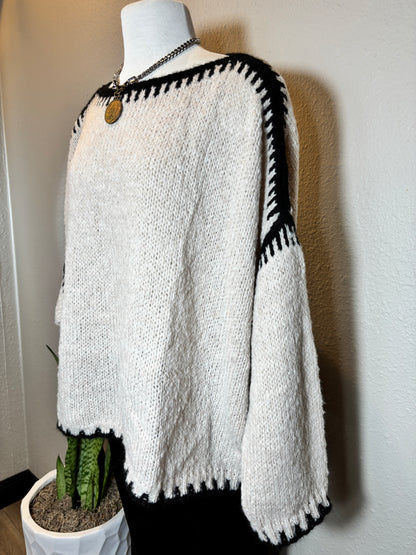 Black Edge Detail Crew New Long Sleeve Mohair Sweater