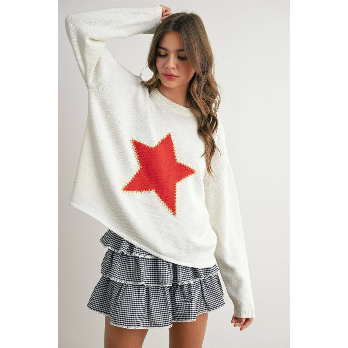 Drop Shoulder Star Pattern Sweater - BMW7756
