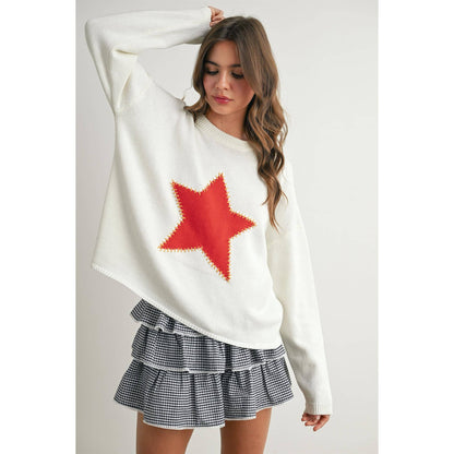 Drop Shoulder Star Pattern Sweater - BMW7756