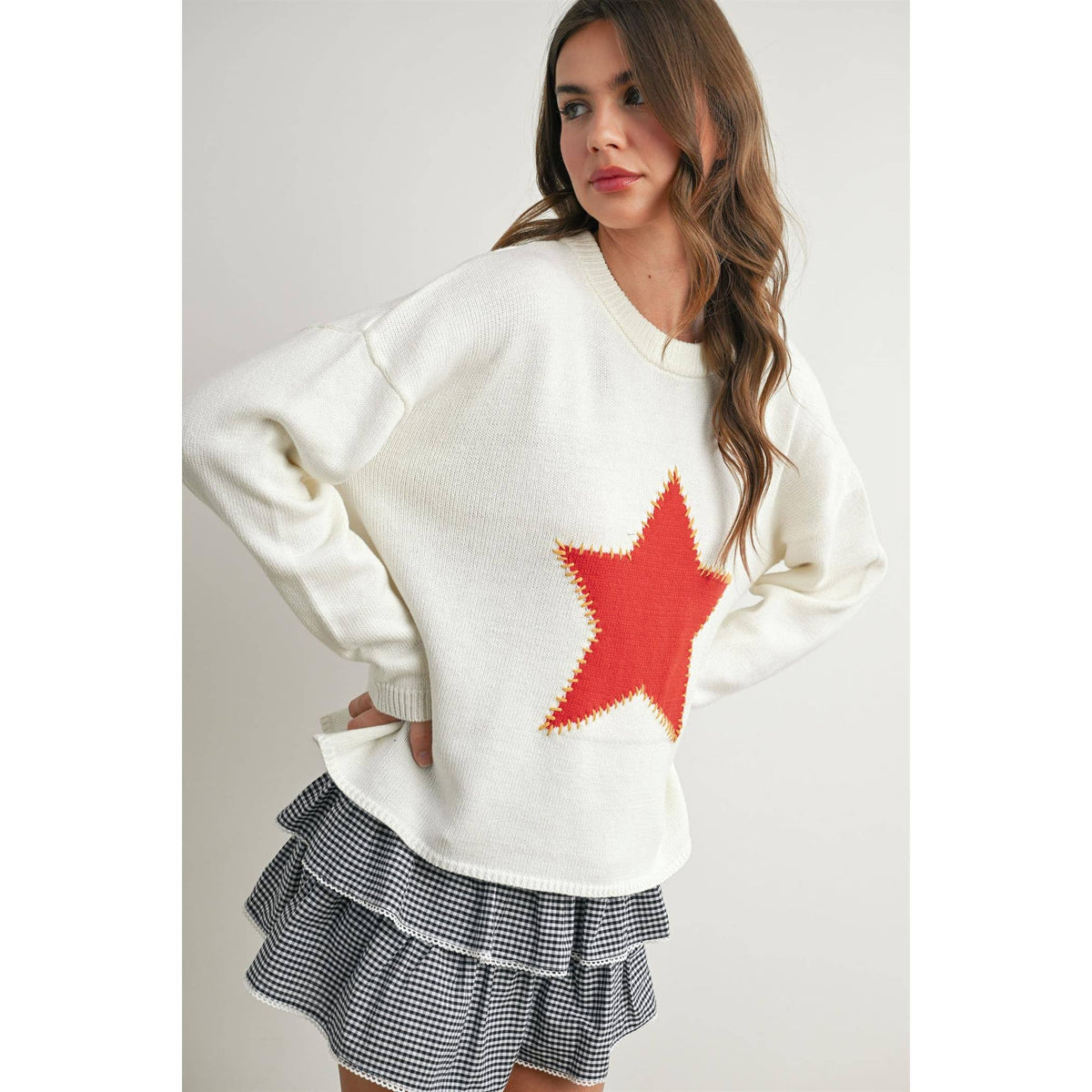 Drop Shoulder Star Pattern Sweater - BMW7756