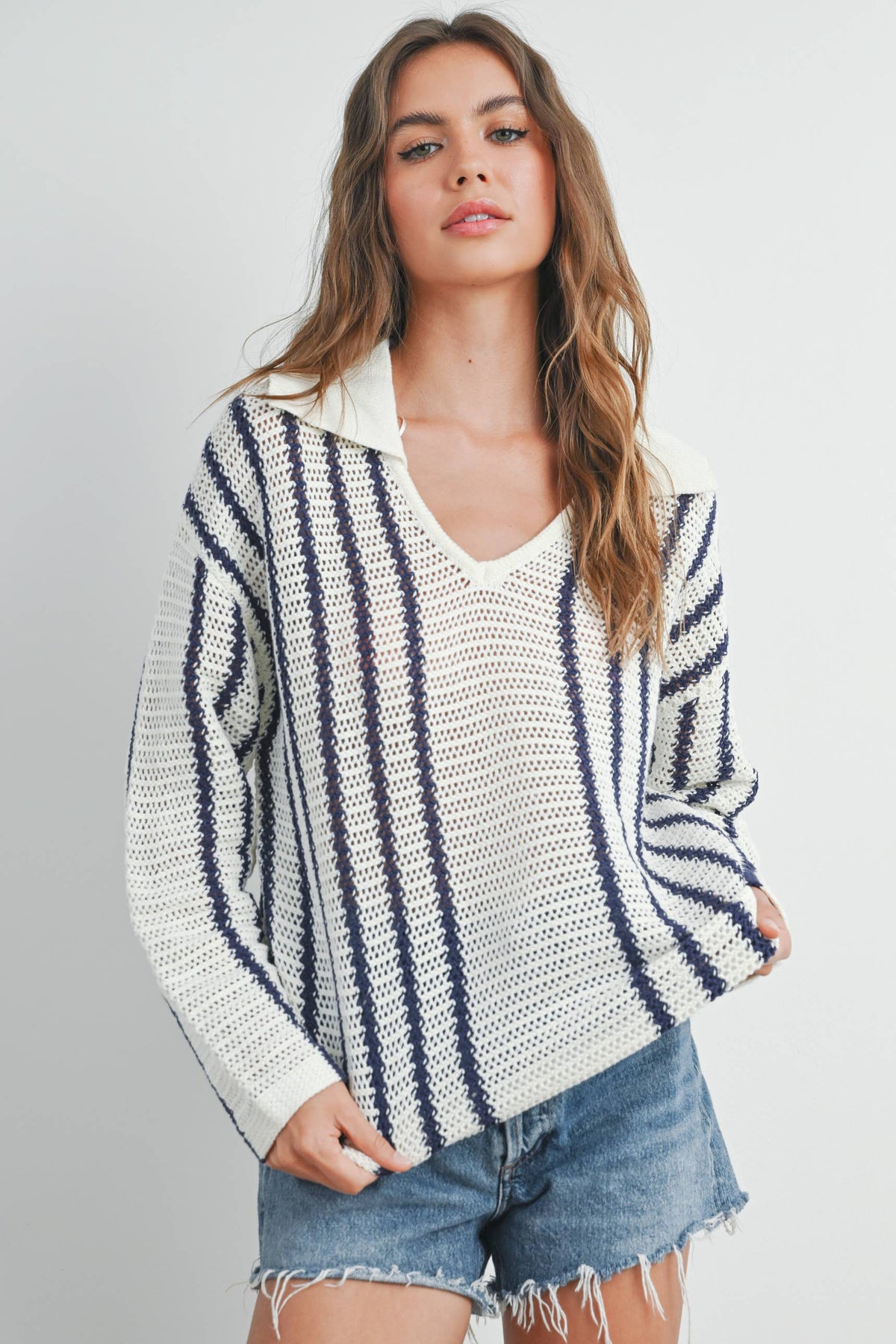 Striped Knit Sweater with Collar - BMW7435