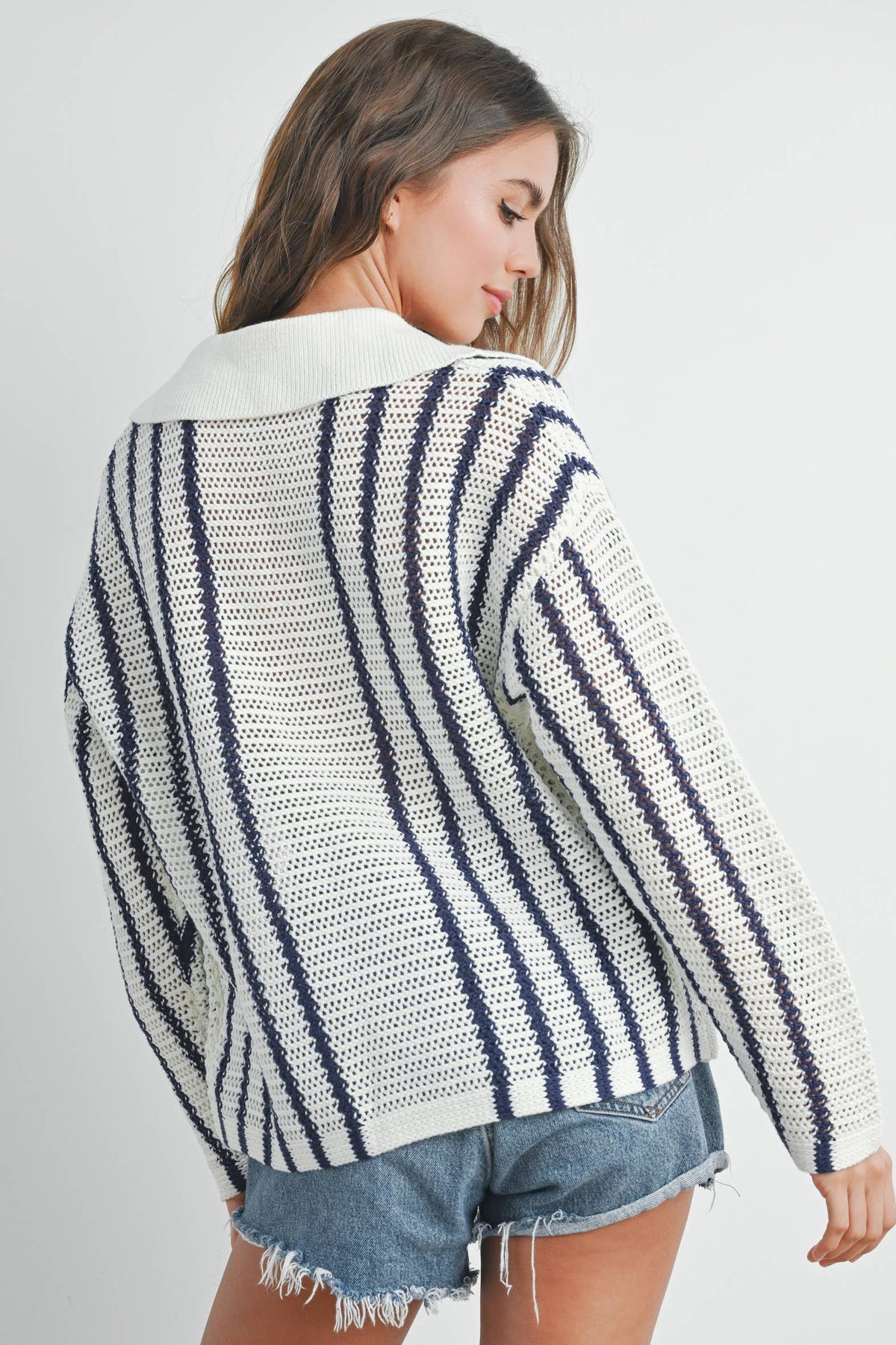 Striped Knit Sweater with Collar - BMW7435
