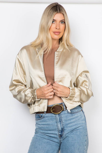 Elegance Satin Zip Up Bomber Jacket