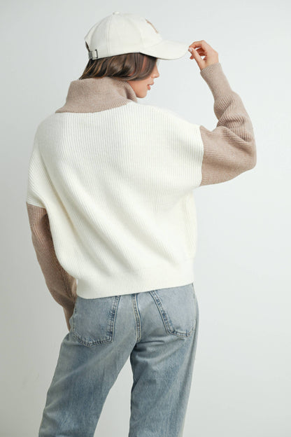 Color Block Collar Half Zipper Pullover Sweater - BMW7589