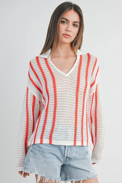 Striped Knit Sweater with Collar - BMW7435