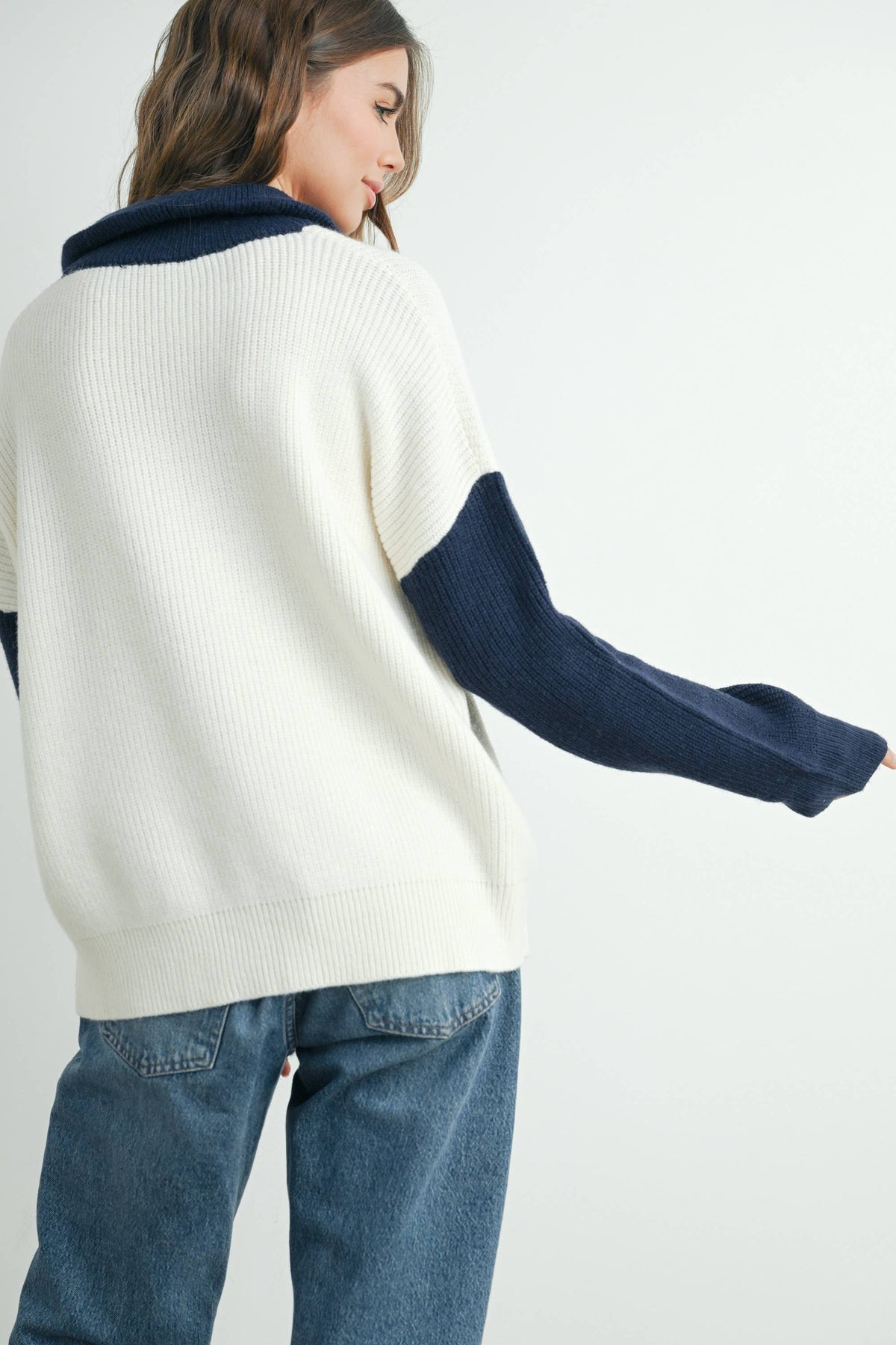 Color Block Collar Half Zipper Pullover Sweater - BMW7589