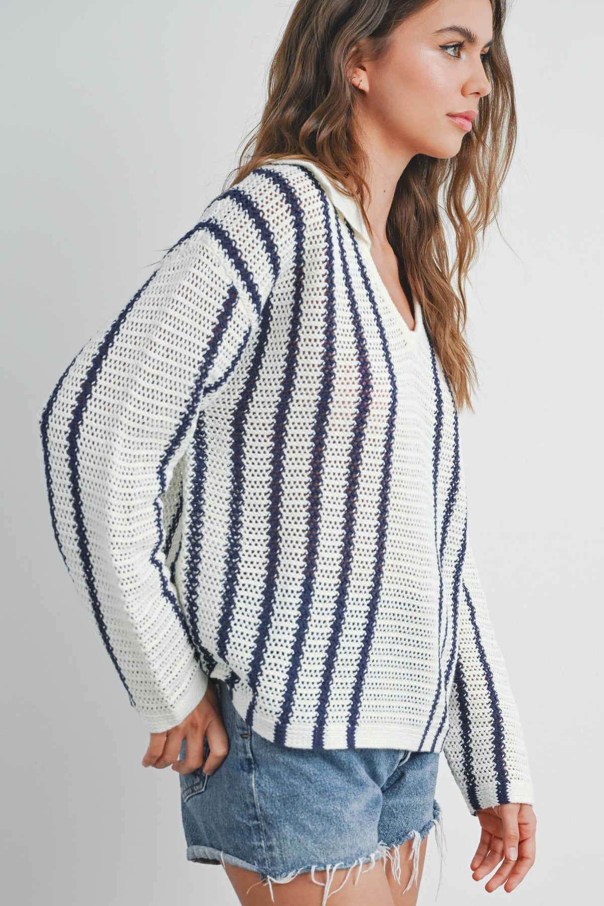 Striped Knit Sweater with Collar - BMW7435