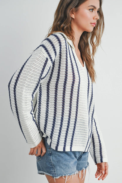 Striped Knit Sweater with Collar - BMW7435