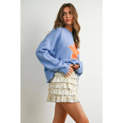 Drop Shoulder Star Pattern Sweater - BMW7756