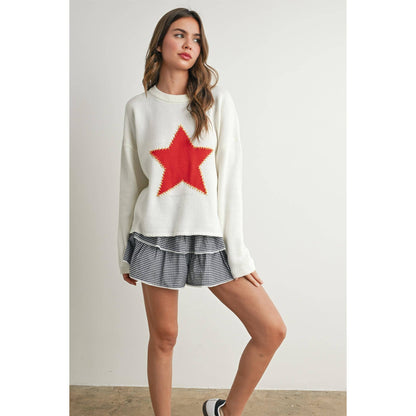 Drop Shoulder Star Pattern Sweater - BMW7756