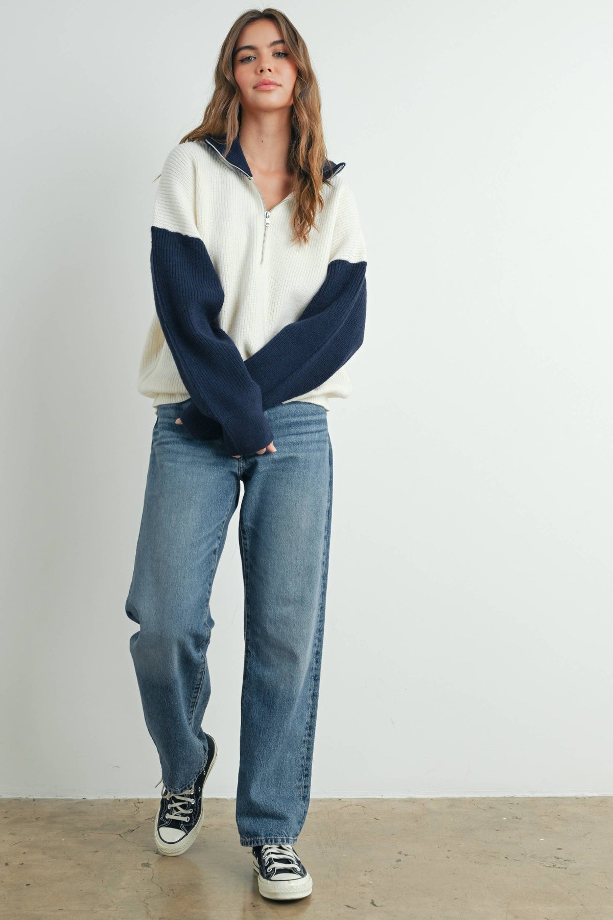 Color Block Collar Half Zipper Pullover Sweater - BMW7589