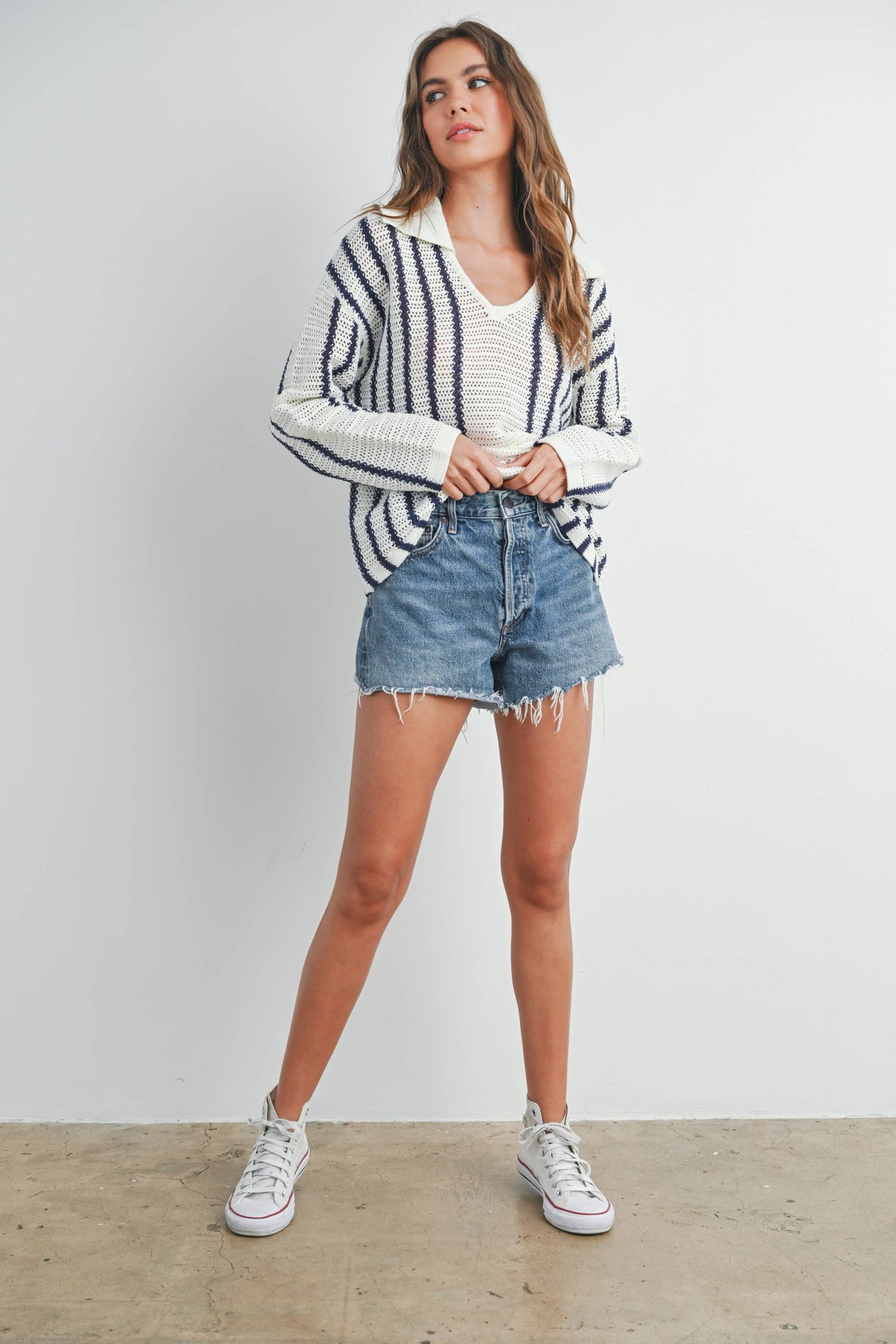 Striped Knit Sweater with Collar - BMW7435