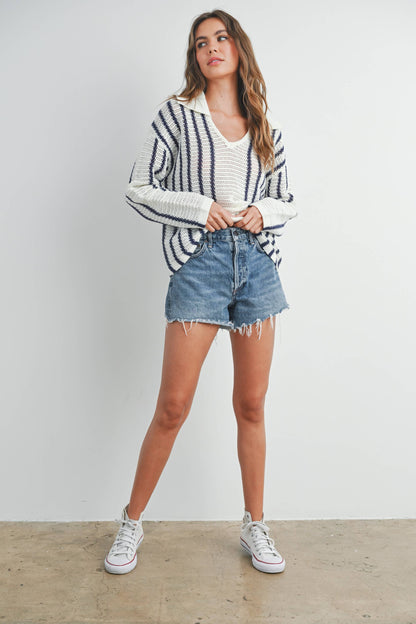 Striped Knit Sweater with Collar - BMW7435