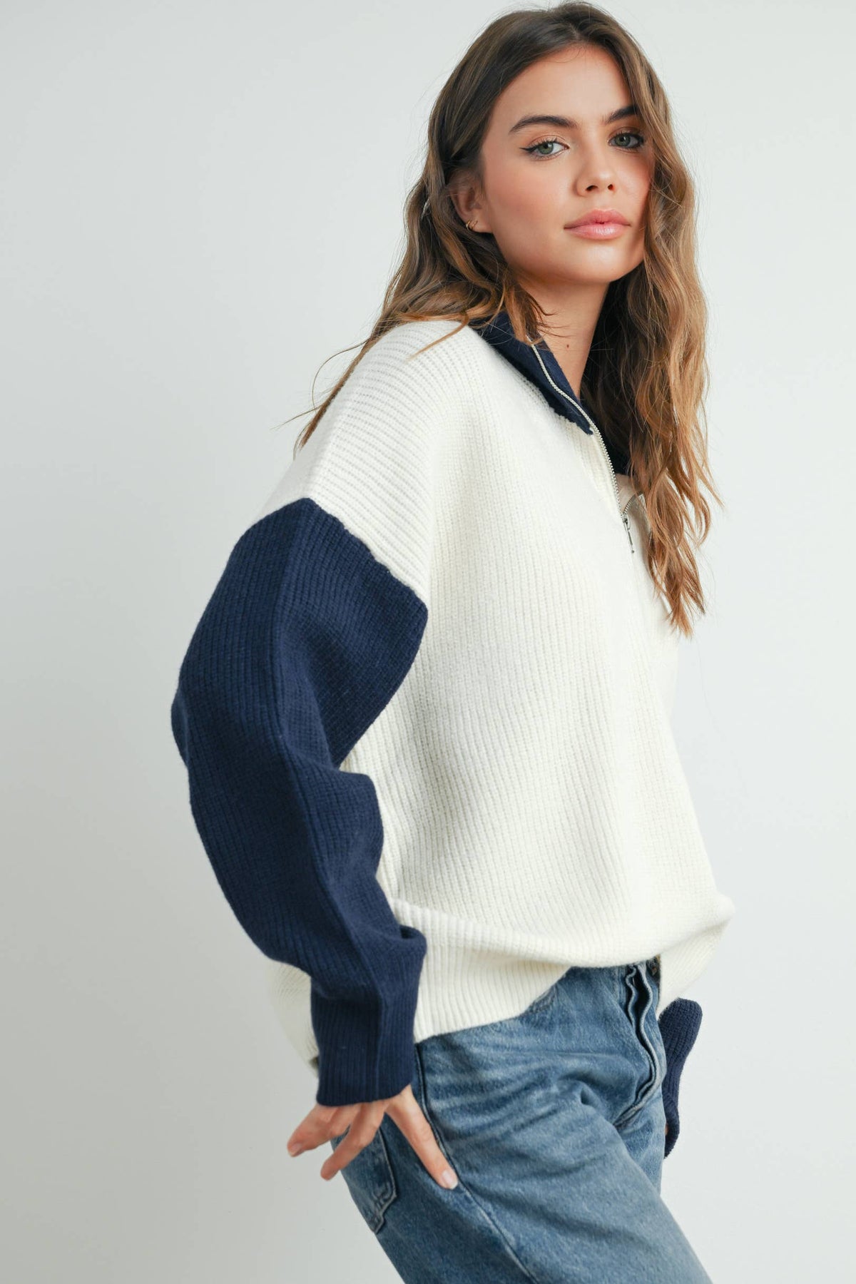 Color Block Collar Half Zipper Pullover Sweater - BMW7589