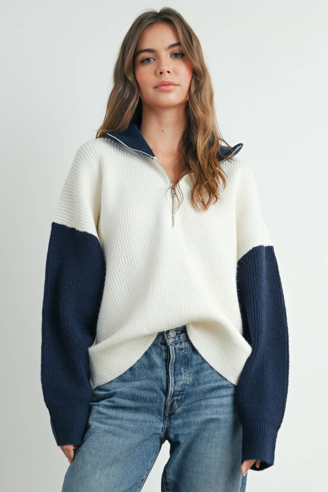 Color Block Collar Half Zipper Pullover Sweater - BMW7589