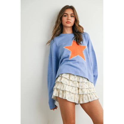 Drop Shoulder Star Pattern Sweater - BMW7756