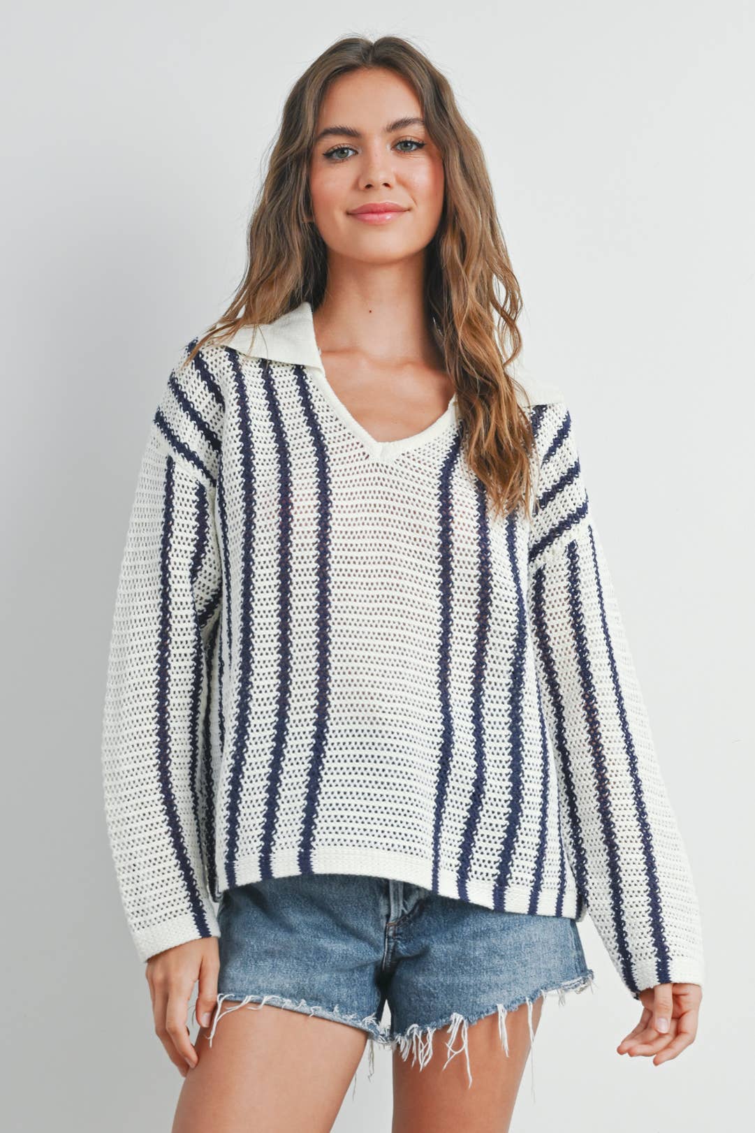 Striped Knit Sweater with Collar - BMW7435
