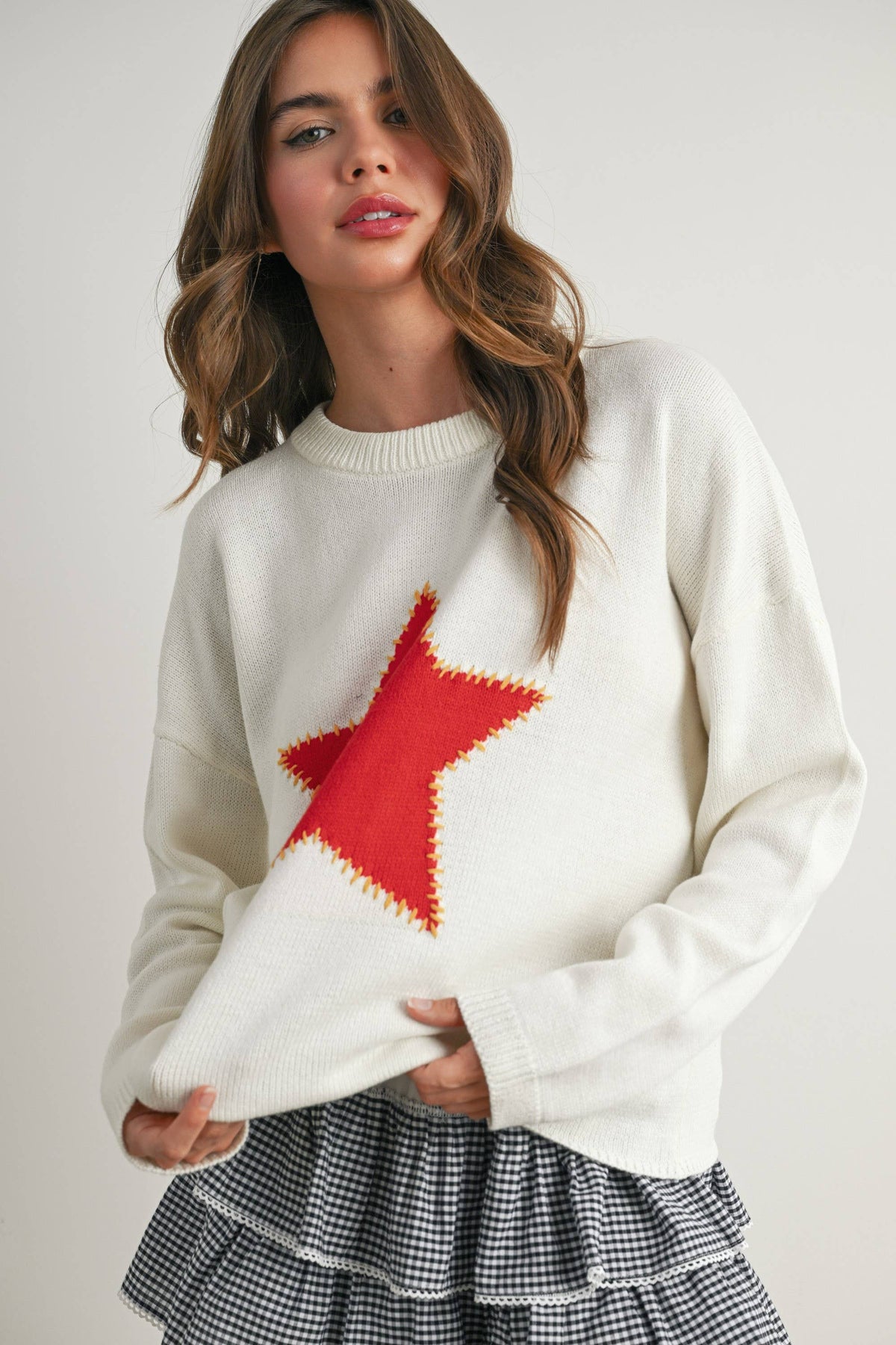 Drop Shoulder Star Pattern Sweater - BMW7756