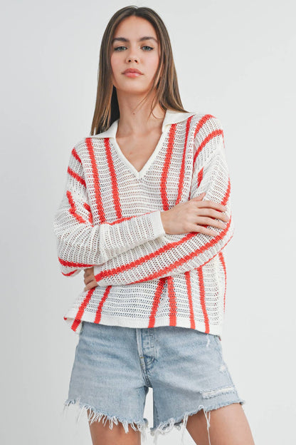 Striped Knit Sweater with Collar - BMW7435