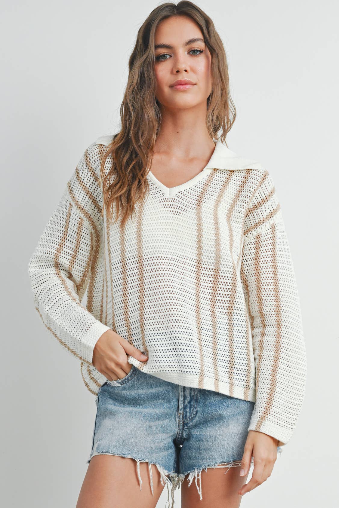 Striped Knit Sweater with Collar - BMW7435