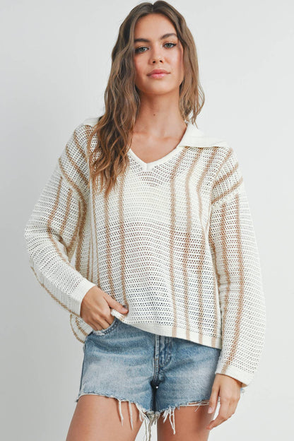 Striped Knit Sweater with Collar - BMW7435