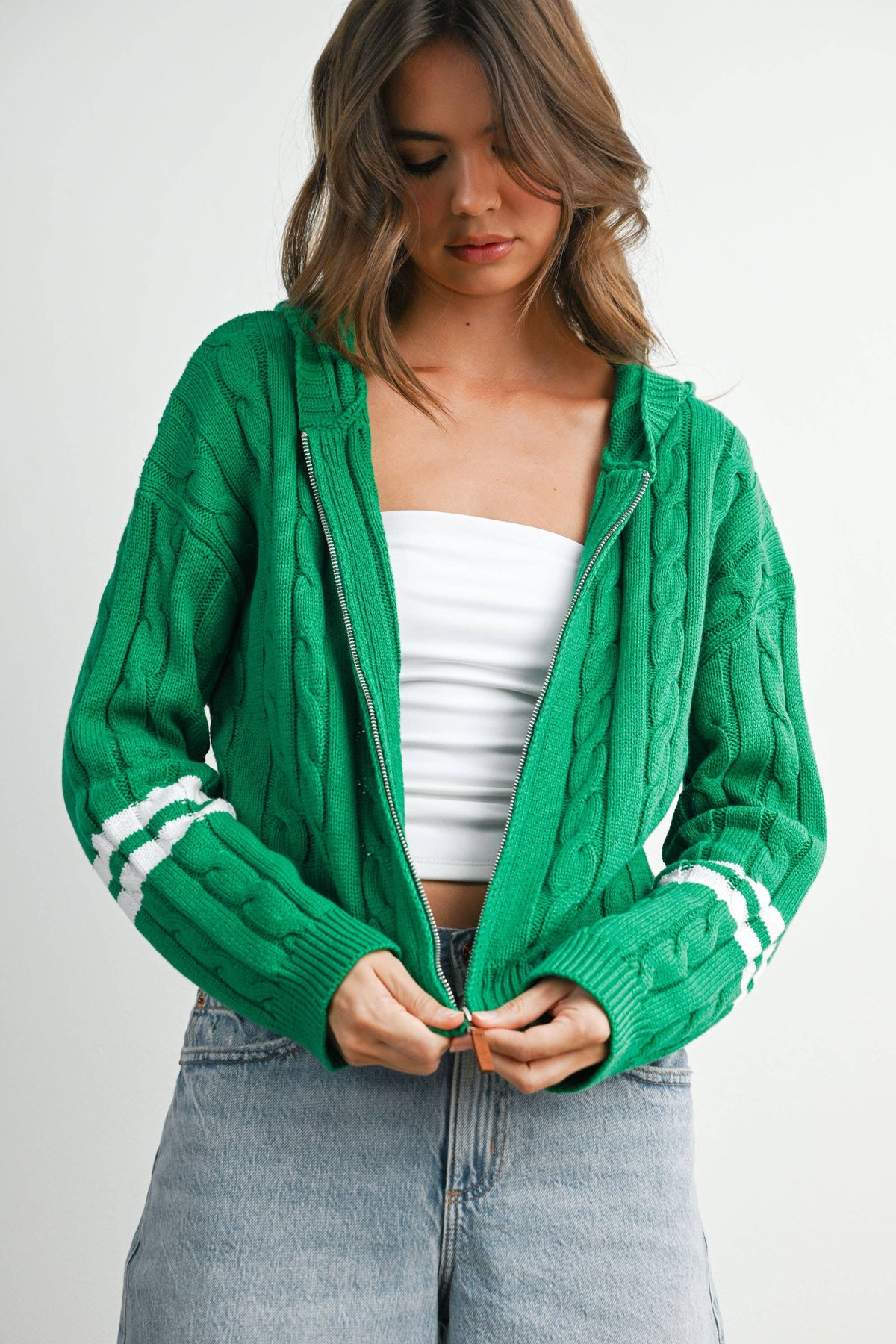 Cable Knit Zip-Up Hoodie Cardigan - BMC8196
