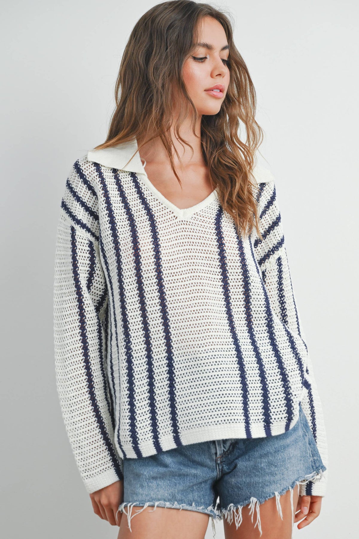 Striped Knit Sweater with Collar - BMW7435