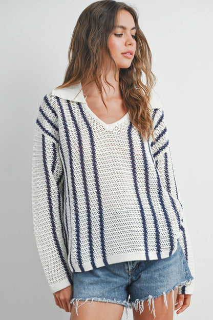 Striped Knit Sweater with Collar - BMW7435