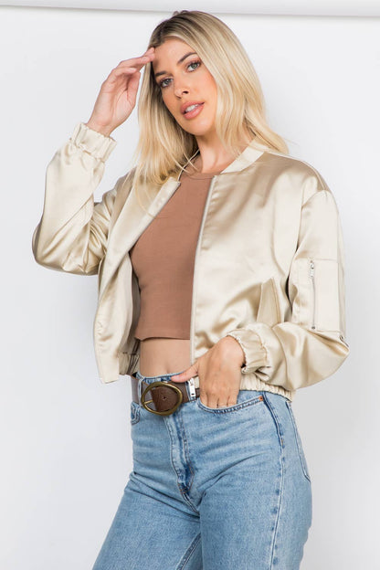 Elegance Satin Zip Up Bomber Jacket